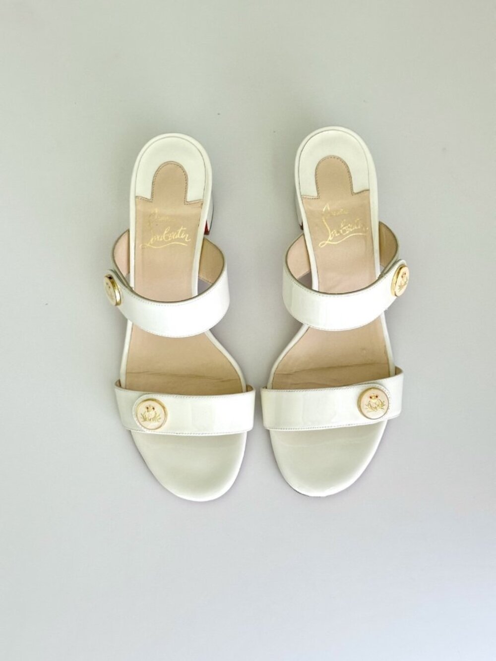 Christian Louboutin Ivory Patent Leather Medallion Double Strap Mules Size 38.5